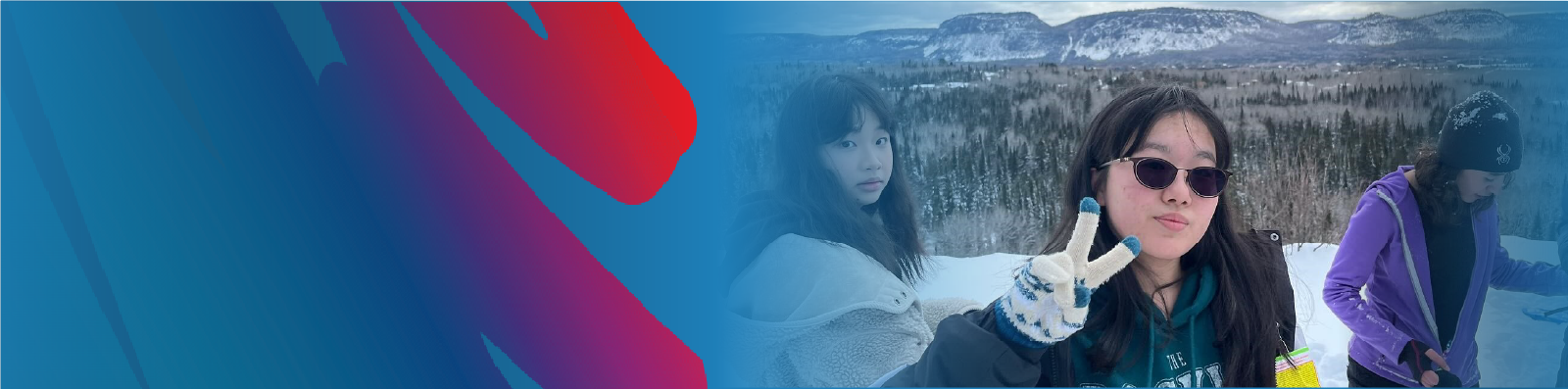 three-students-snowshoeing-on-top-of-hill-with-mountains-in-background-with-lakehead-public-schools-blue-and-rainbow-logo