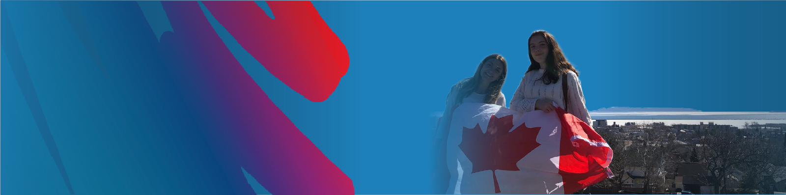 two-students-holding-canadian-flag-with-sleeping-giant-in-background-with-lakehead-public-schools-blue-and-rainbow-logo